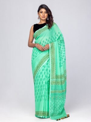Seafoam Green Printed Cotton Saree