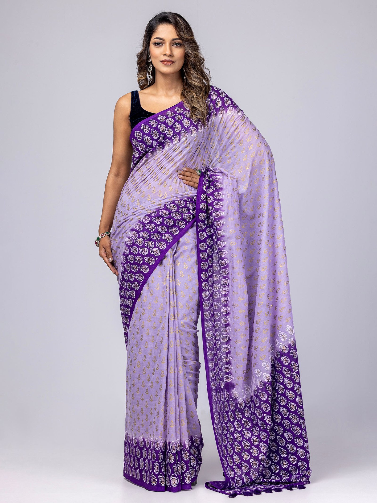 Lavender Printed And Tie-Dyed Cotton Saree