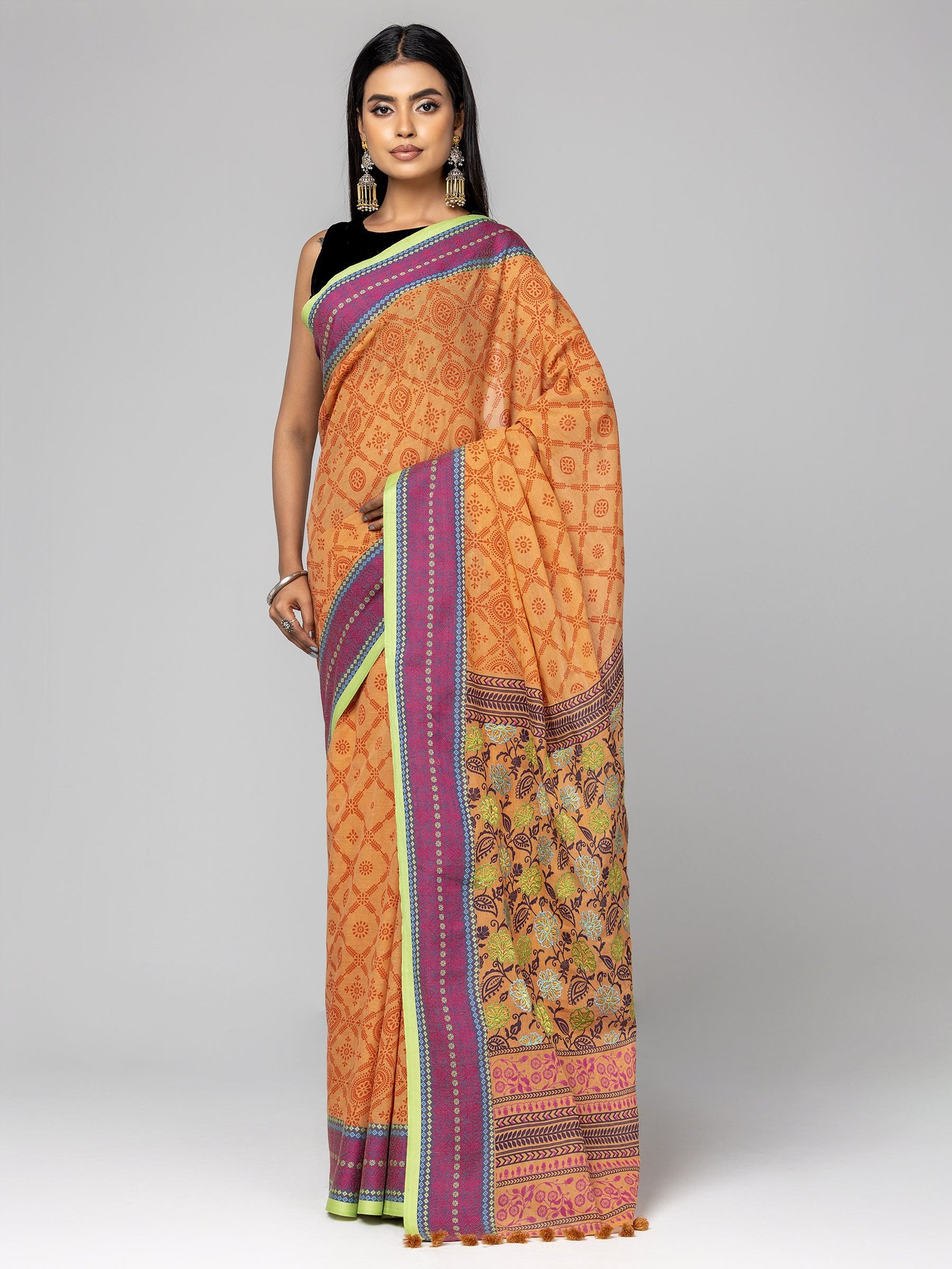 Dark Peach Printed And Embroidered Cotton Saree