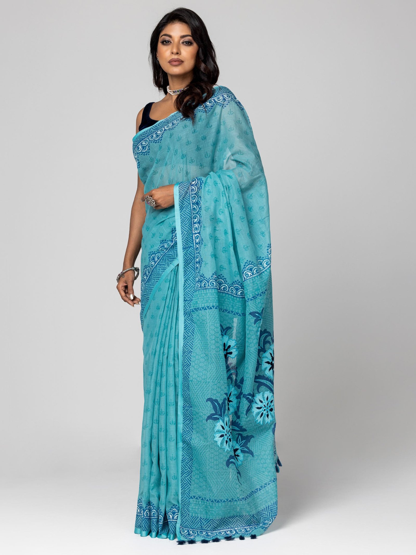 Turquoise Appliqued And Embroidered Cotton Saree