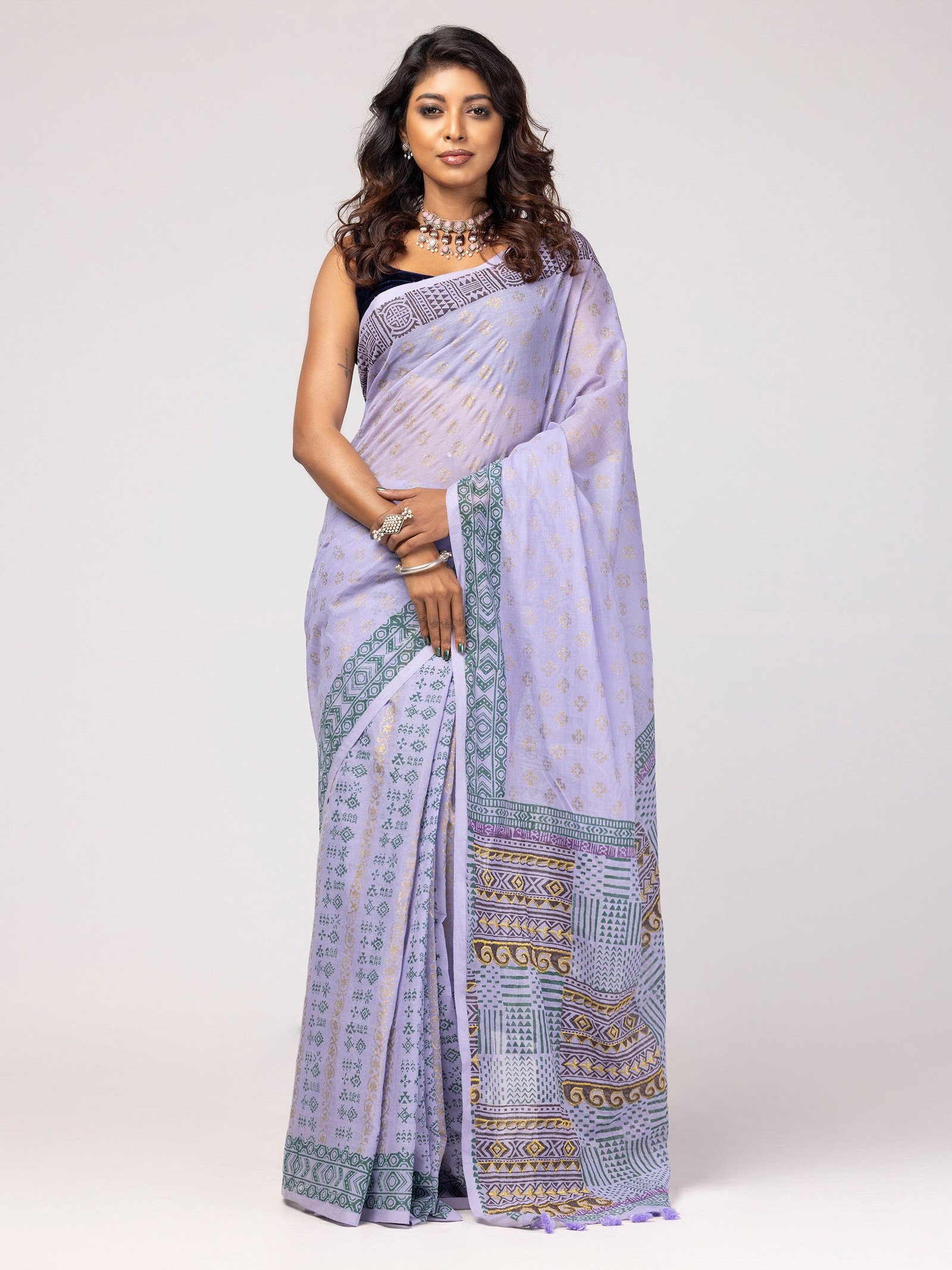 Lilac Printed And Embroidered Cotton Saree