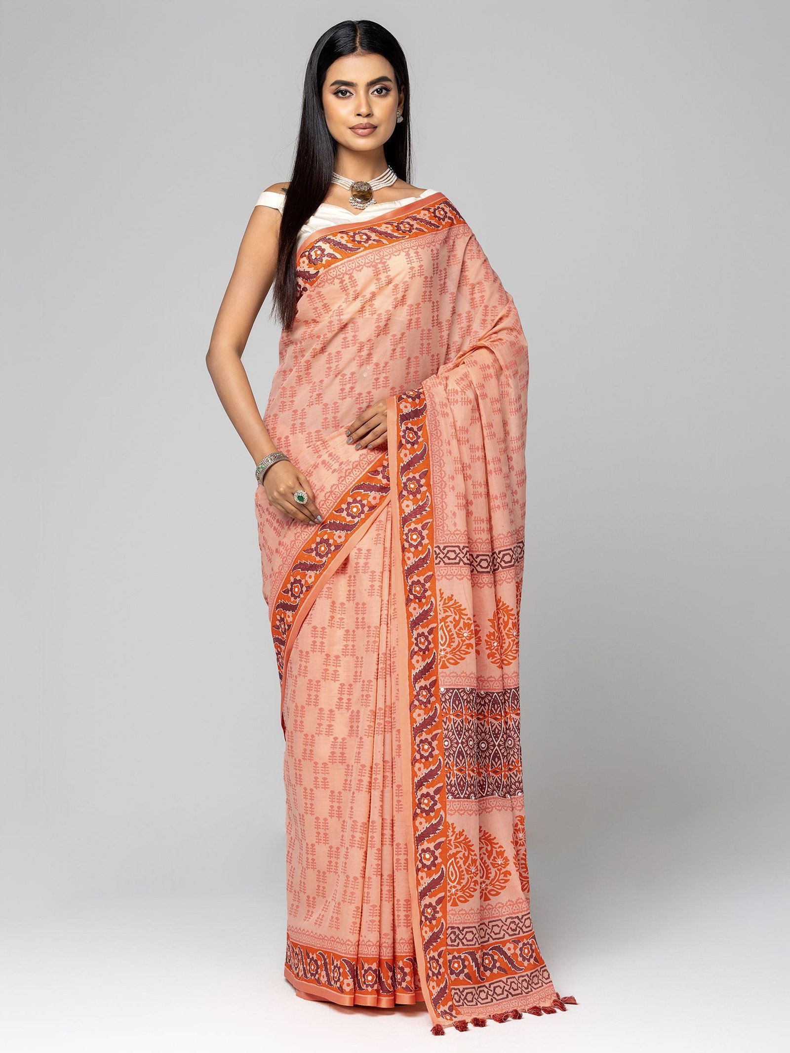 Peach Printed And Embroidered Cotton Saree