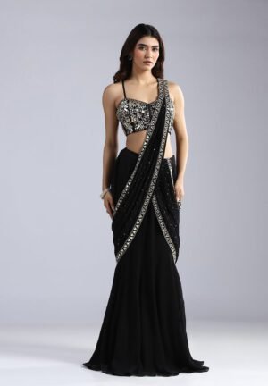 Electric Petal Pre-Stitched Georgette Saree & Embellished Corset Set
