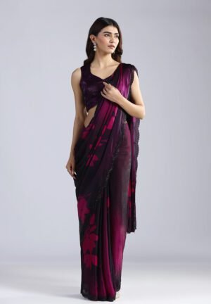Organza Saree With Black Swarovski Work And Scalloped Cutwork Border