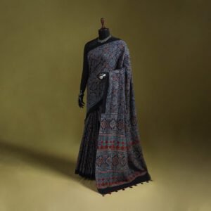 Kutch Hand Block Print Natural Dyed Pure Mul Cotton Ajrakh Saree With Tassels 01