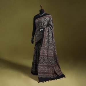 Kutch Hand Block Print Natural Dyed Pure Mul Cotton Ajrakh Saree With Tassels 13