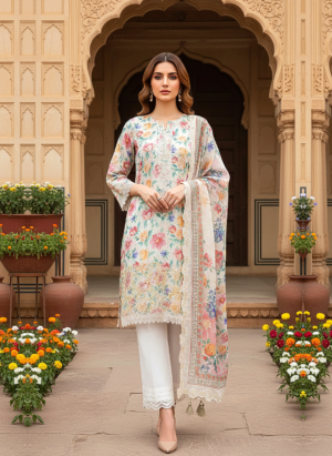 3 Piece Unstitched Embroidered With Cutwork Embroidered Lawn Dupatta
