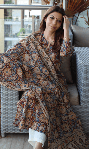 Dark Brown & Mustard Hand Block Kalamkari Kurta & Cotton Kalamkari Dupatta
