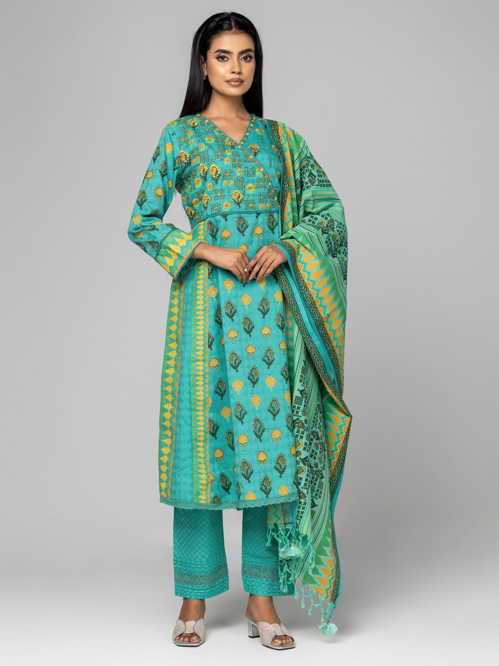 Green Printed And Embroidered Tencel Shalwar Kameez