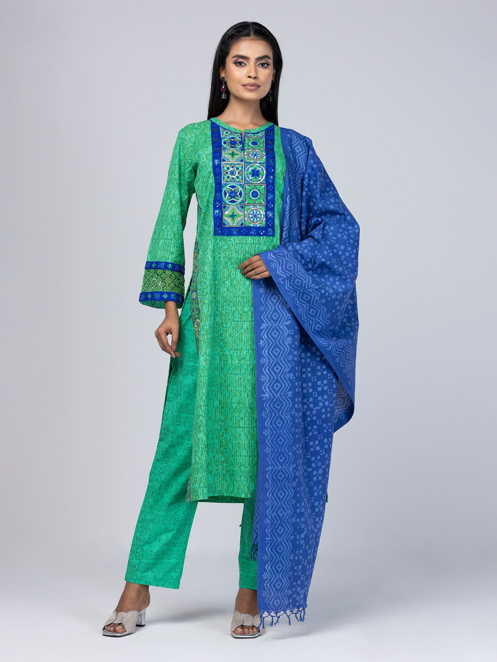 Green Printed And Embroidered Vortex Cotton Shalwar Kameez