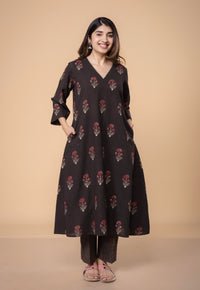 Shrusti Brown Dabu Slub Cotton A Line Kurta