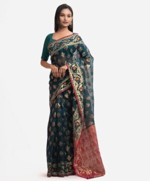 Green & Pink Half-Silk Saree