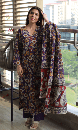 Deep Purple Handblock Kalamkari Kurta, Cotton Handblock Dupatta & Pants