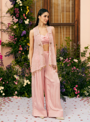 Charulata Glass Organza Pink Jacket Set