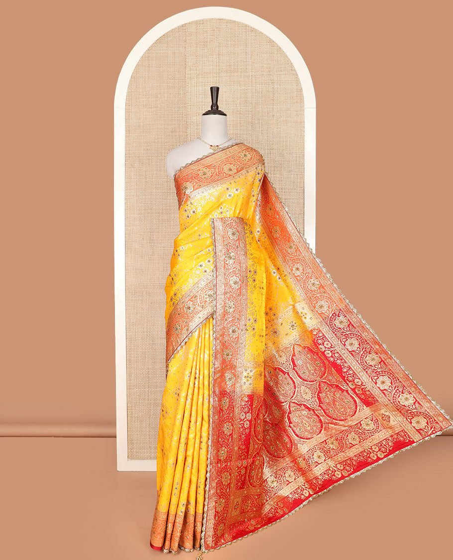 Yellow Art Vastrakala Silk Saree Mesmerized With Meenakari Jacquard With Stone Work All Over Its Body, Complemented By A Contrast Floral Creeper Zari Stone Work Lace Border, Pallu Detailed In Zari And Stone Work, And Paired With A Contrast Blouse