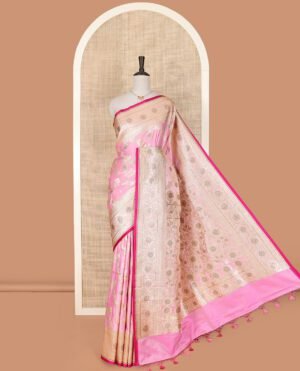 Pink Art Vastrakala Silk Saree Prettified With Floral Jaal Jacquard With Stone Work All Over Its Body, Adorned With Floral Creeper Zari Stone Work Border, Pallu Detailed In Zari And Stone Work, And Paired With A Contrast Blouse