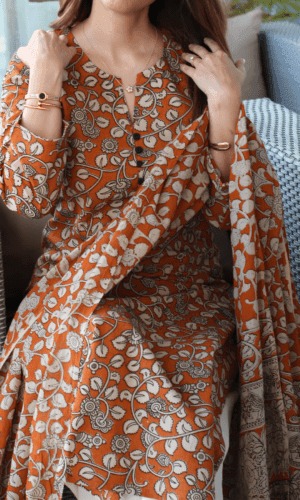 Burnt Orange Kalamkari Kurta And Cotton Kalamkari Dupatta