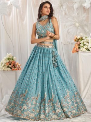 Women'S Turquoise Blue Georgette Sequin Embroidery  Lehenga Choli & Dupatta
