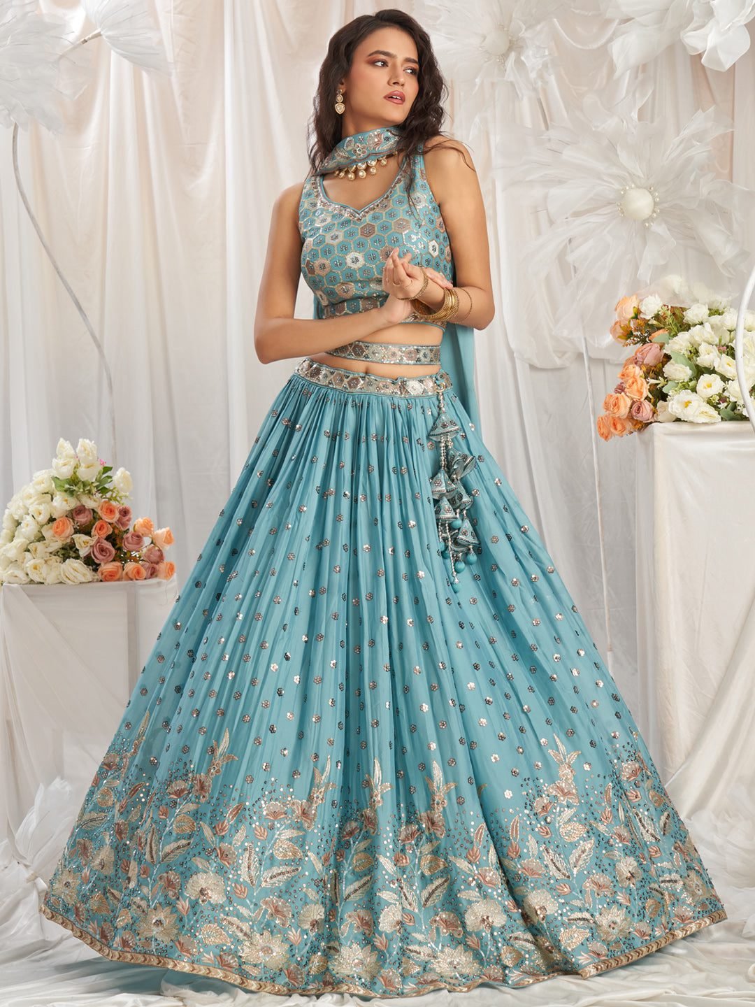 Women'S Turquoise Blue Georgette Sequin Embroidery Lehenga Choli & Dupatta