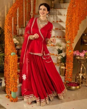 Mehka Red Solid Satin Lehenga Set