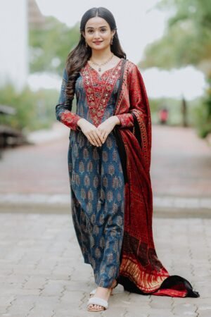 Blue Ajrakh Leaf Printed Anarkali