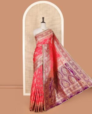 Pink Art Vastrakala Silk Saree Accentuated With Jacquard With Stone Work All Over Its Body, Complemented By A Contrast Floral Creeper Zari Stone Work Lace Border, Mughal-Style Pallu Detailed In Zari And Stone Work, And Paired With A Contrast Blouse