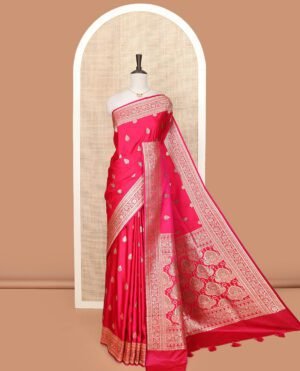 Pink Art Vastrakala Silk Saree Elegantly Framed With Zari Buttas With Stone Work All Over Its Body, Adorned With Traditional Design Border, Majestically Detailed Pallu Of Zari And Stone Work, And Paired With A Matching Blouse
