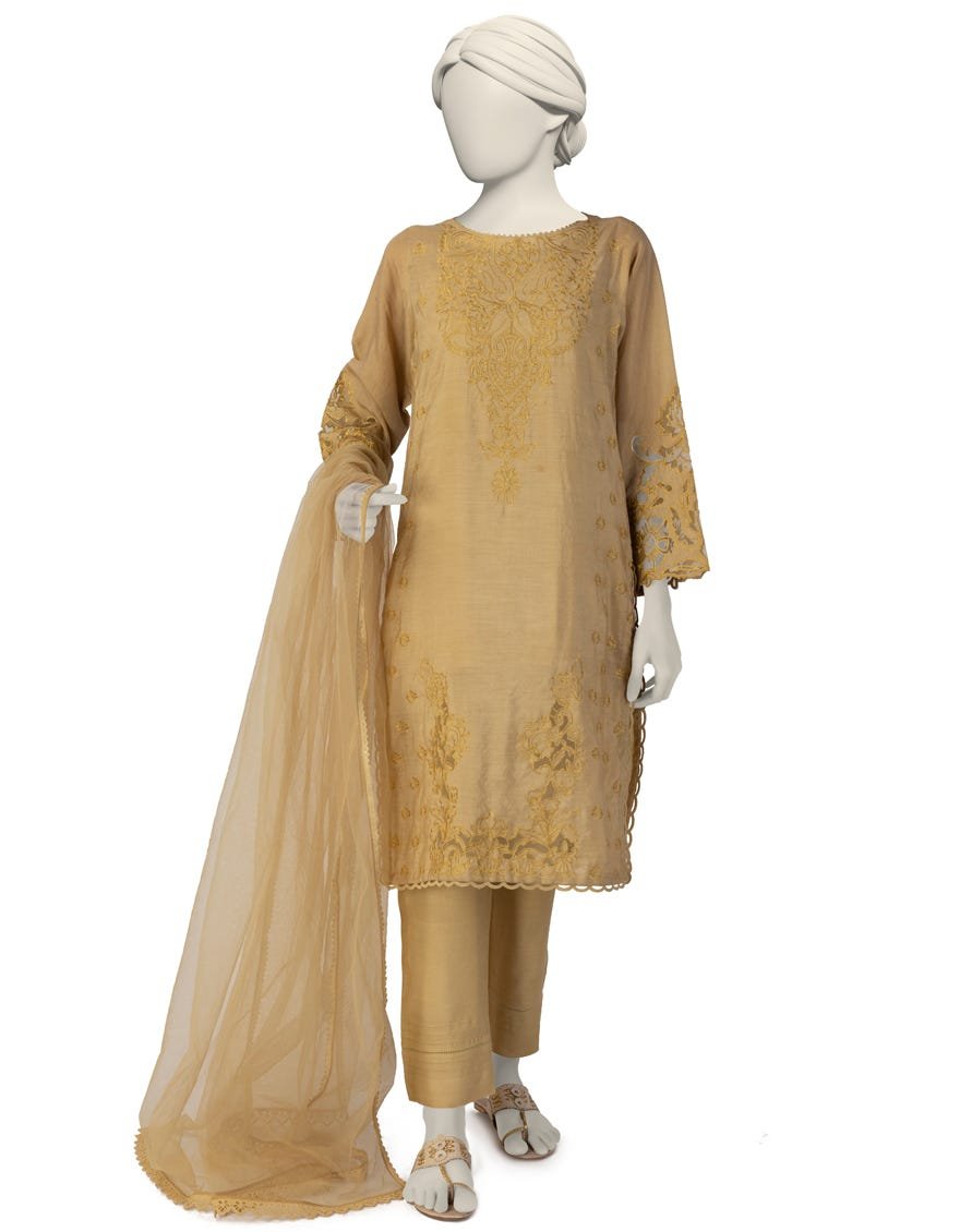 Gold Paper Cotton Embroidered 3pc Stitched