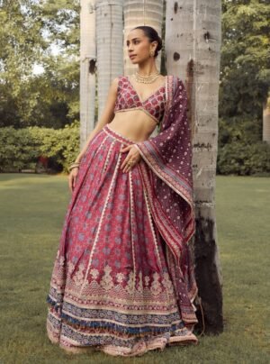Taal Cupro Satin Red Ajrakh Print Lehenga