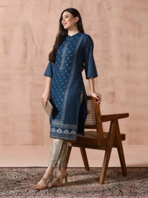 Women Blue Live Rayon Placement Print Kurta