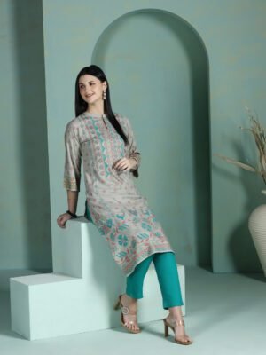 Women Liva Grey Placement Print Kurta