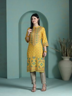 Women Liva Mustard Placement Print Kurta