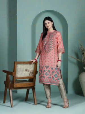 Women Liva Peach Placement Print Kurta