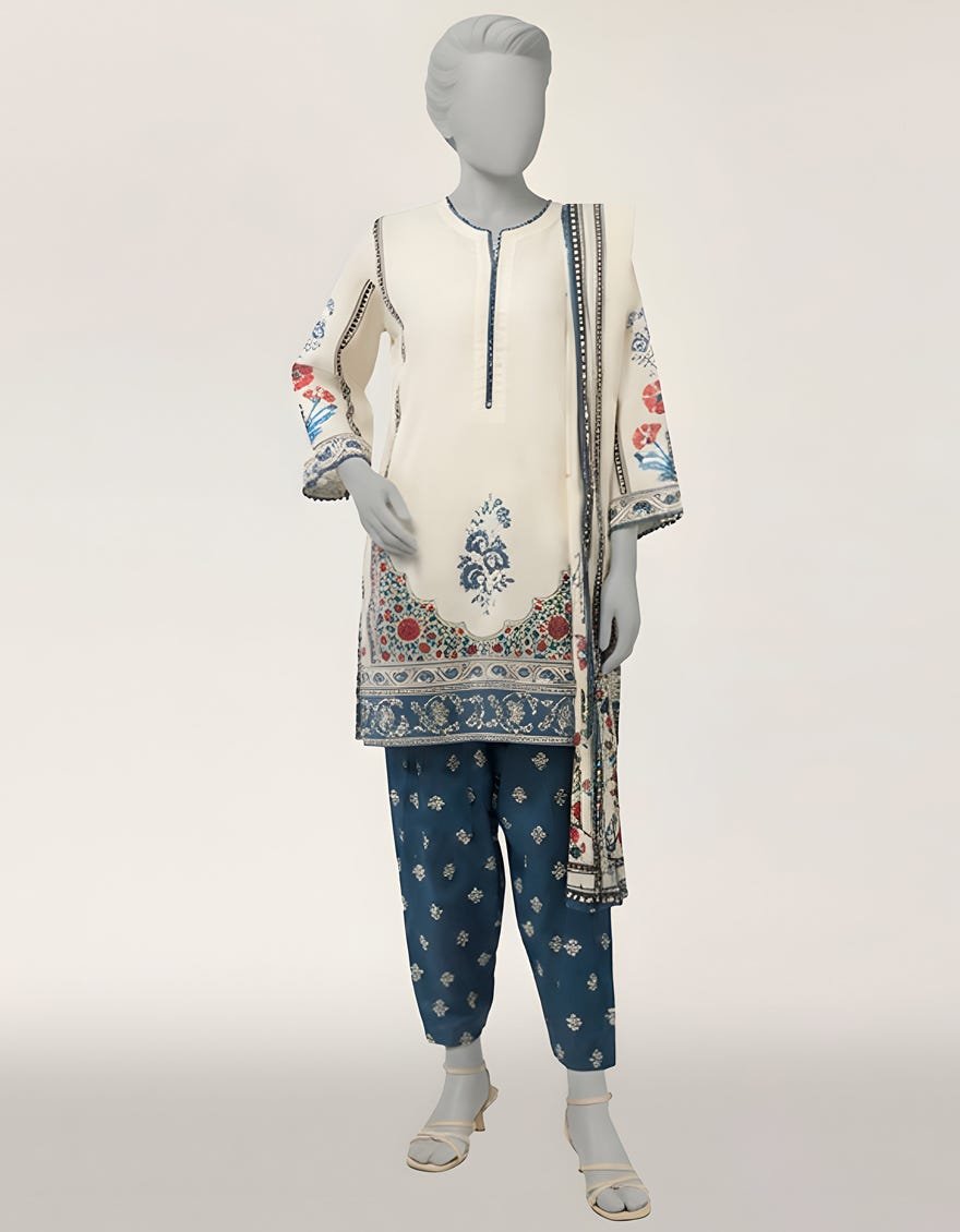 Off White Lawn Digital Printed Stitched 3pc