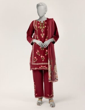 Maroon Lawn Embroidered Stitched 3pc