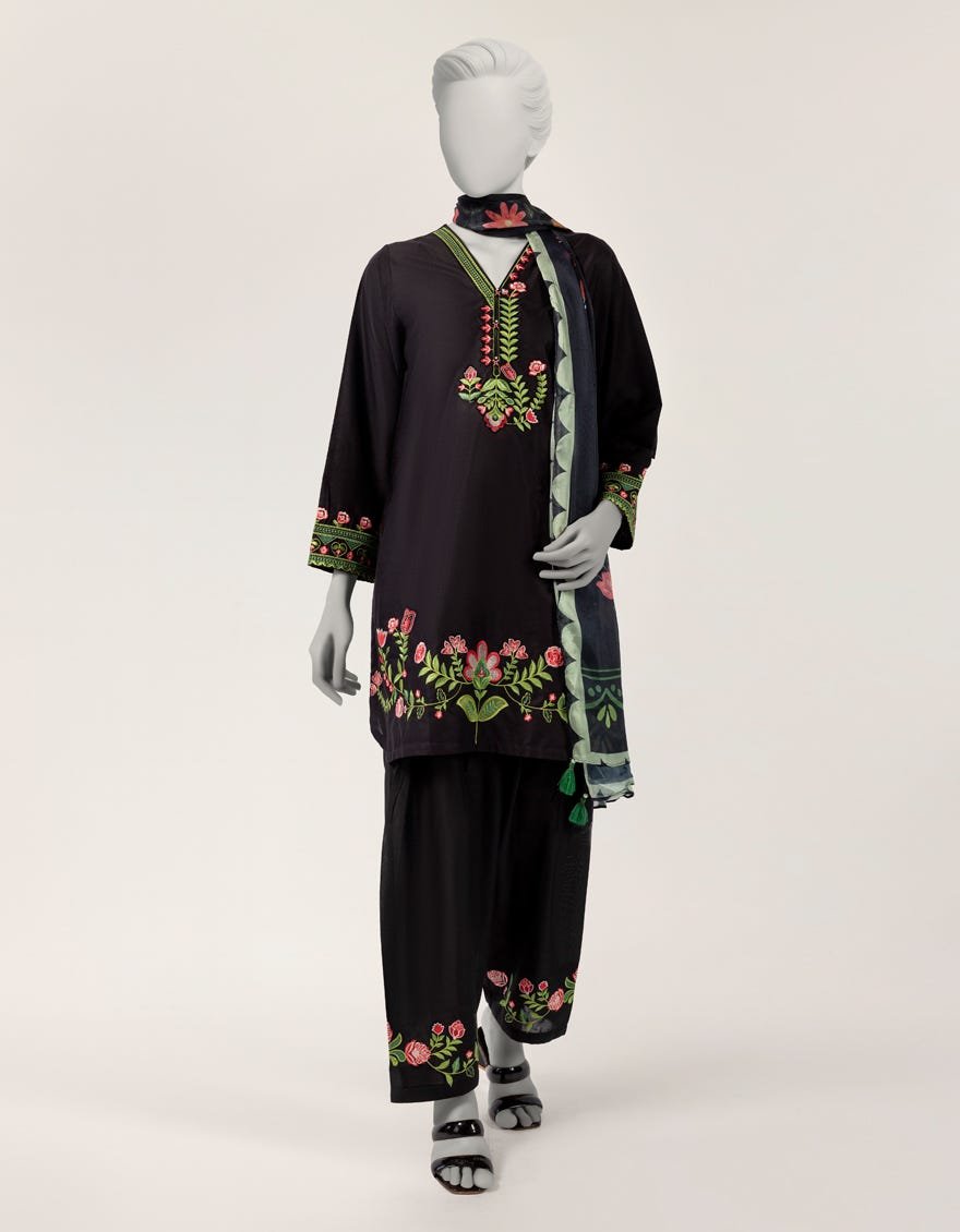 Black Lawn Embroidered Stitched 3pc