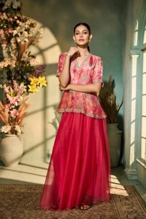 Pink Organza Peplum Top With Matching Palazzo