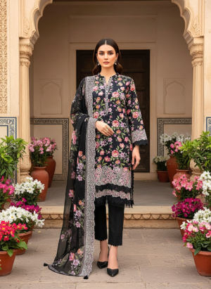 3 Piece Unstitched Embroidered With Cutwork Embroidered Chiffon Dupatta