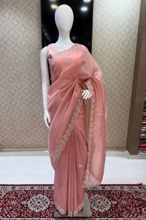 Peach Stone, Sequins, Zardozi And Beads Work Saree