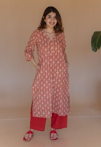 Avika Red Bagru Cotton Straight Kurta