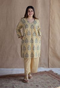 Kavya Yellow Ajrakh Cotton Straight Kurta With Hand Embroidery