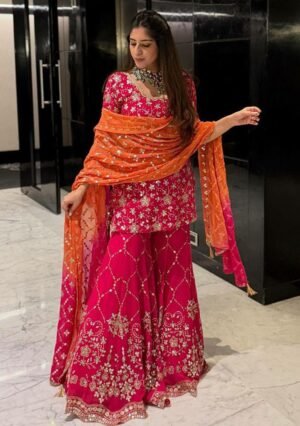 Red Embroidery Blended Kurta Set