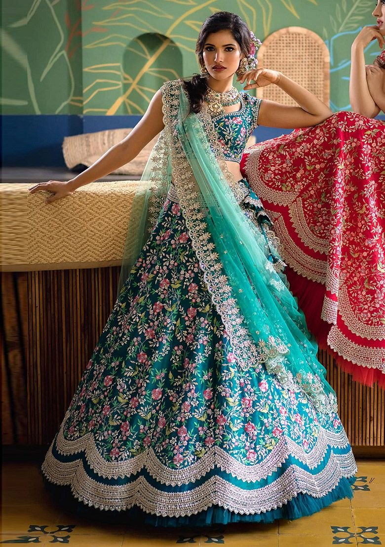 Aqua Blue Embroidered Silk Lehenga Set