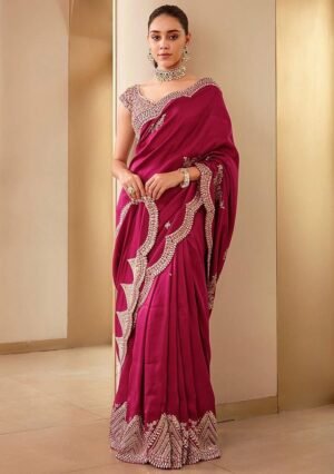 Rani Pink Sequin Embroidered Vichitra Saree Set