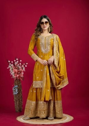 Mustard Yellow Sequin Embroidered Chenderi Sharara Set With Dupatta