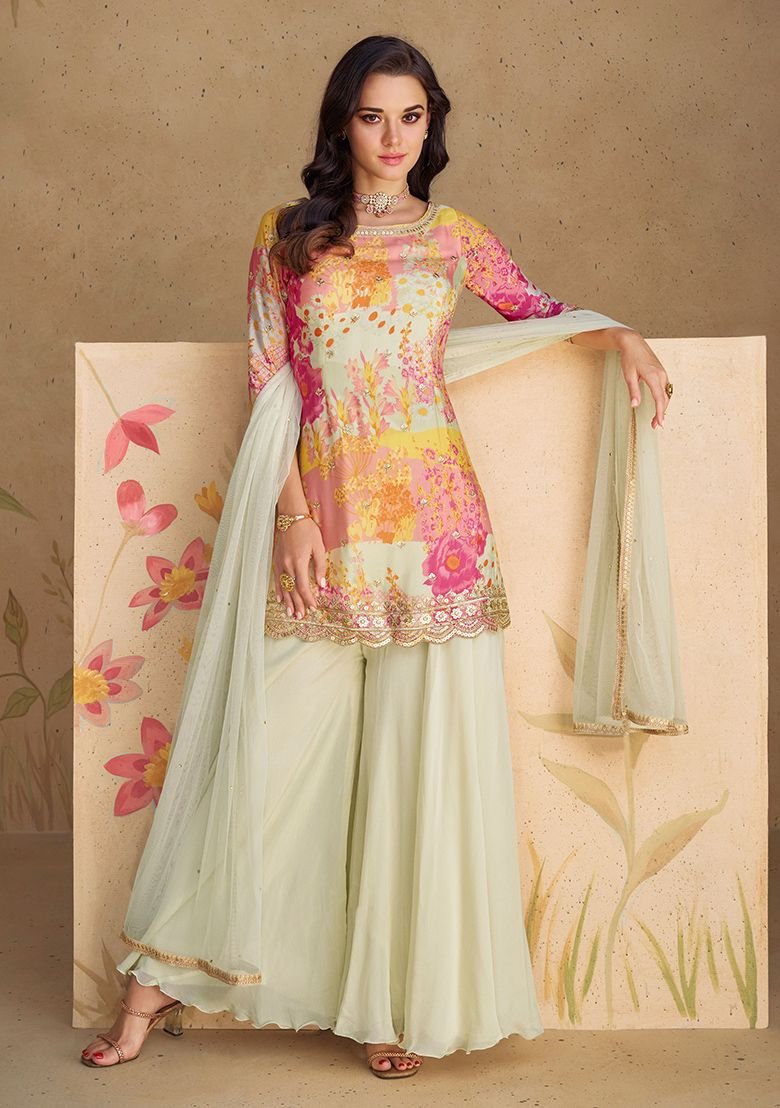 White And Blue Printed Viscose Salwar Kameez With Dupatta