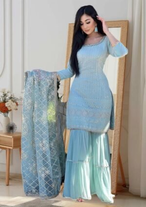 Sky Blue Embroidered Georgette Kurta Sharara Set