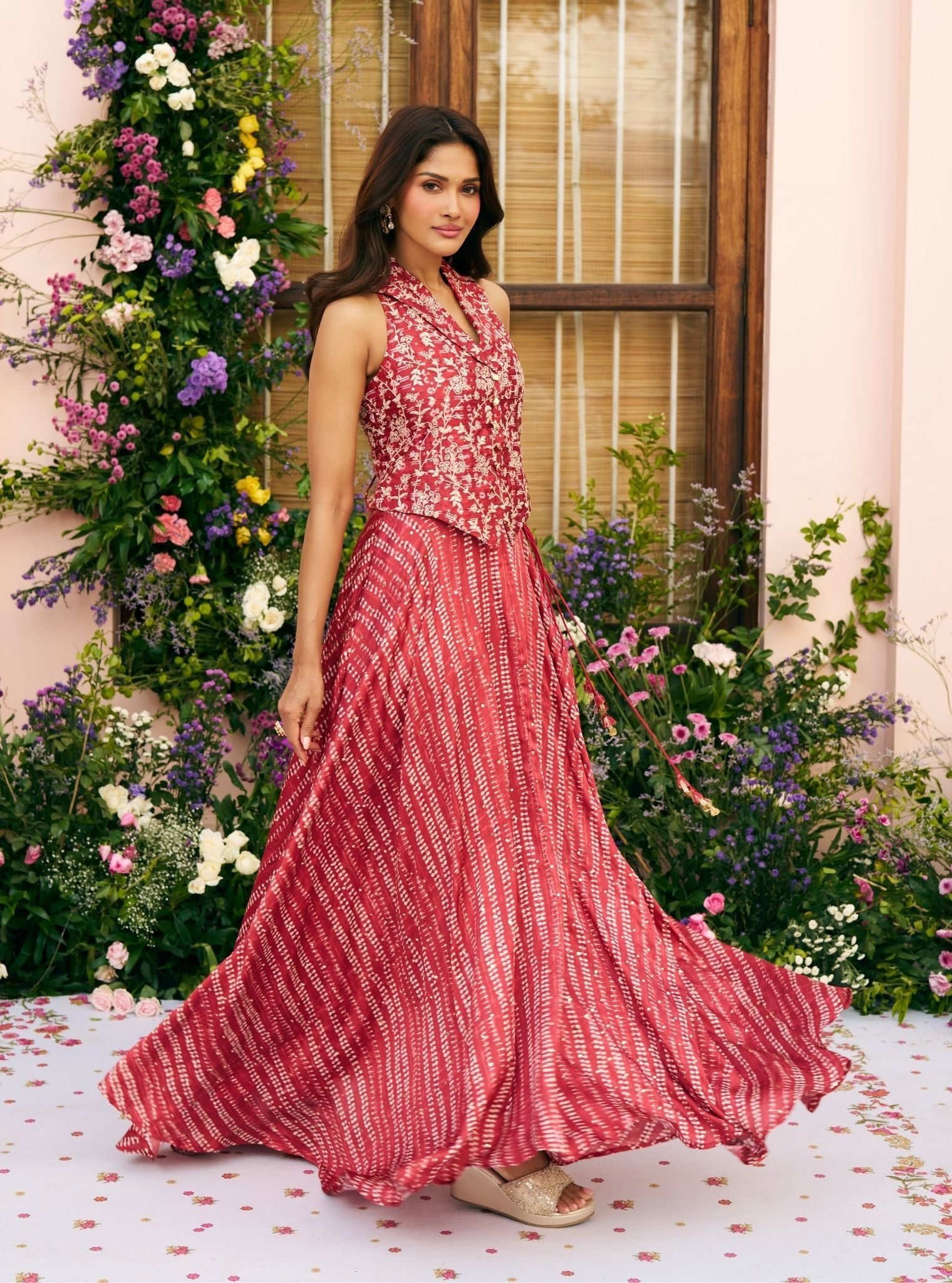Badami Cupro Satin Printed Red Waistcoat With Skirt