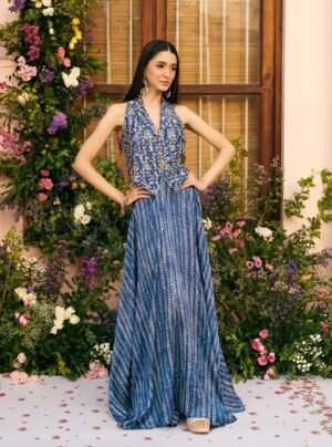 Badami Cupro Satin Printed Navy Waistcoat With Skirt