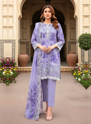 3 Piece Unstitched Embroidered With Cutwork Embroidered Lawn Dupatta